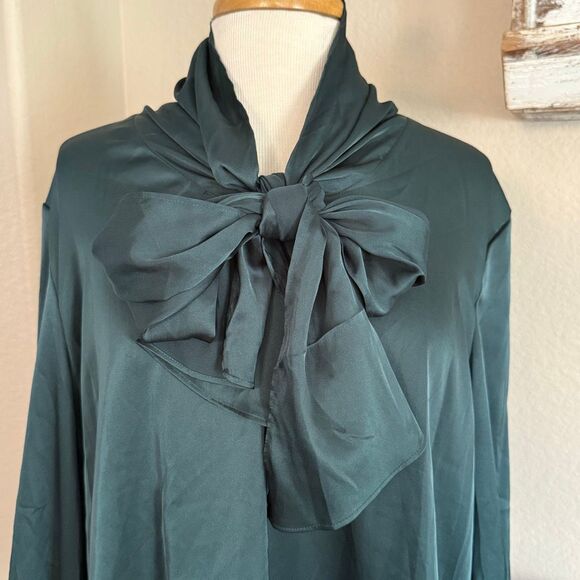 NWT Anne Klein Womens Satin Tie Neck Bow Long Sleeve Blouse Emerald Green XL - Picture 8 of 14